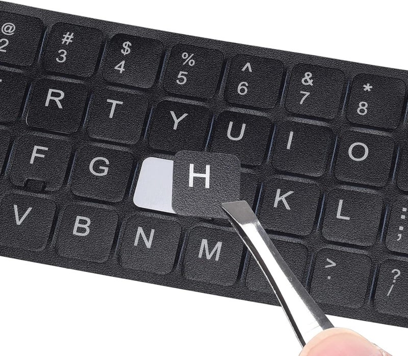 DAMMOMKO 2PCS Universal English Keyboard Stickers Letters with Tweezer, Keyboard Stickers Black Background with White Lettering, Keyboard Letters Replacement Sticker for PC Laptop Desktop Computer -English - Image 1